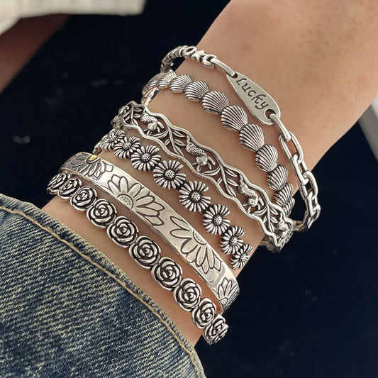 925 Sterling Silver Bohemian Flower & Charm Bracelet Set – Vintage Stackable Design