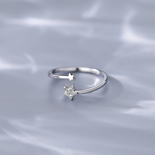 925 Sterling Silver Star Open Ring – Adjustable Zircon Star Ring for Women