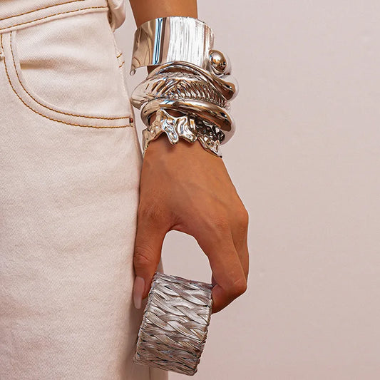Silver-tone woven pattern cuff bracelet with stacked bangles, modern fashion jewelry